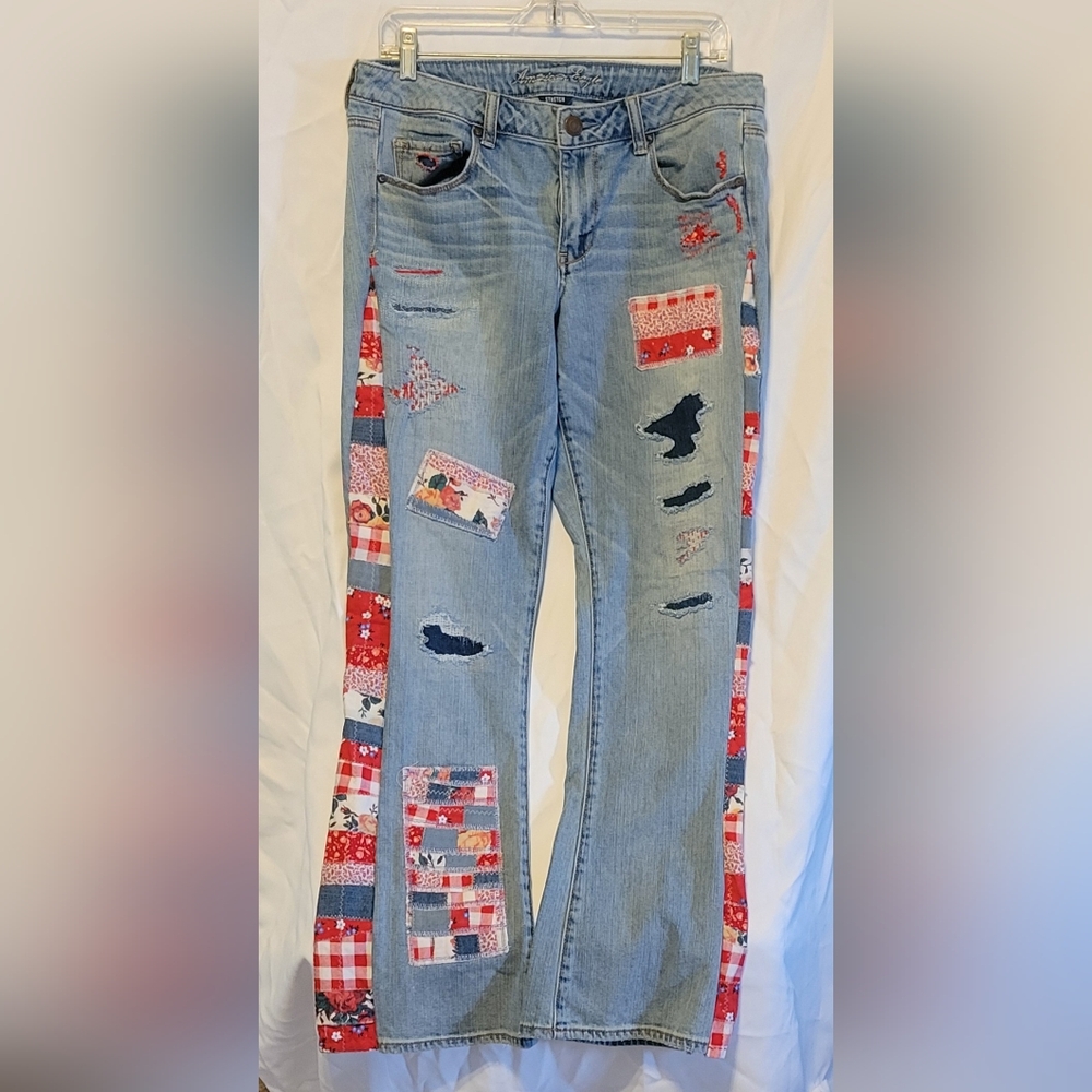 UPCYCLED BOHO Americana Patchwork Altered JEANS Sz 12 Womens STRETCH FLARED